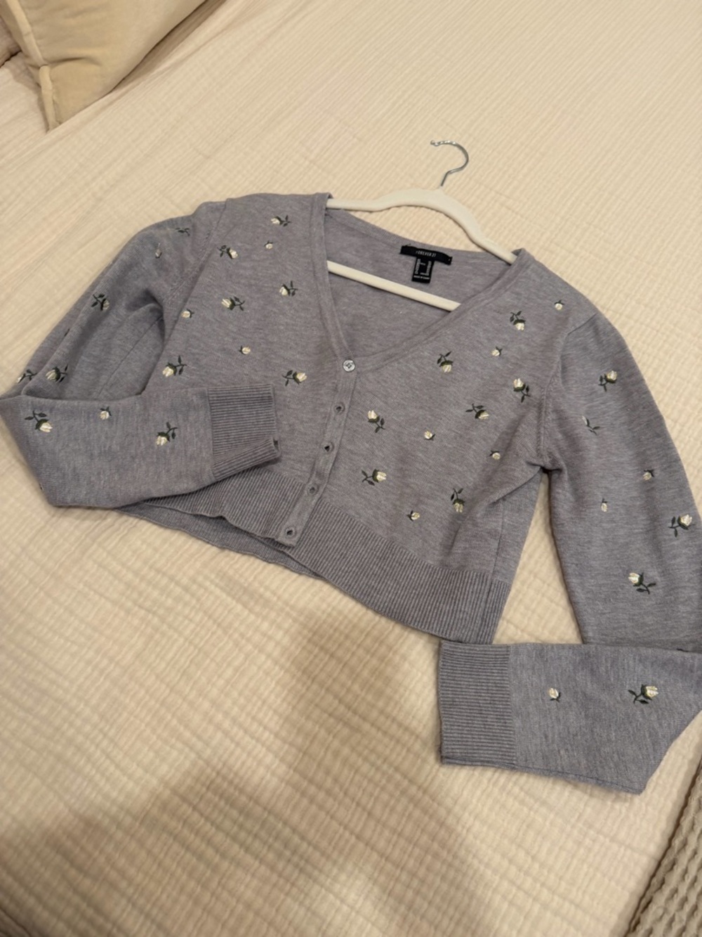 Gray embellished floral Cropped Cardigan
